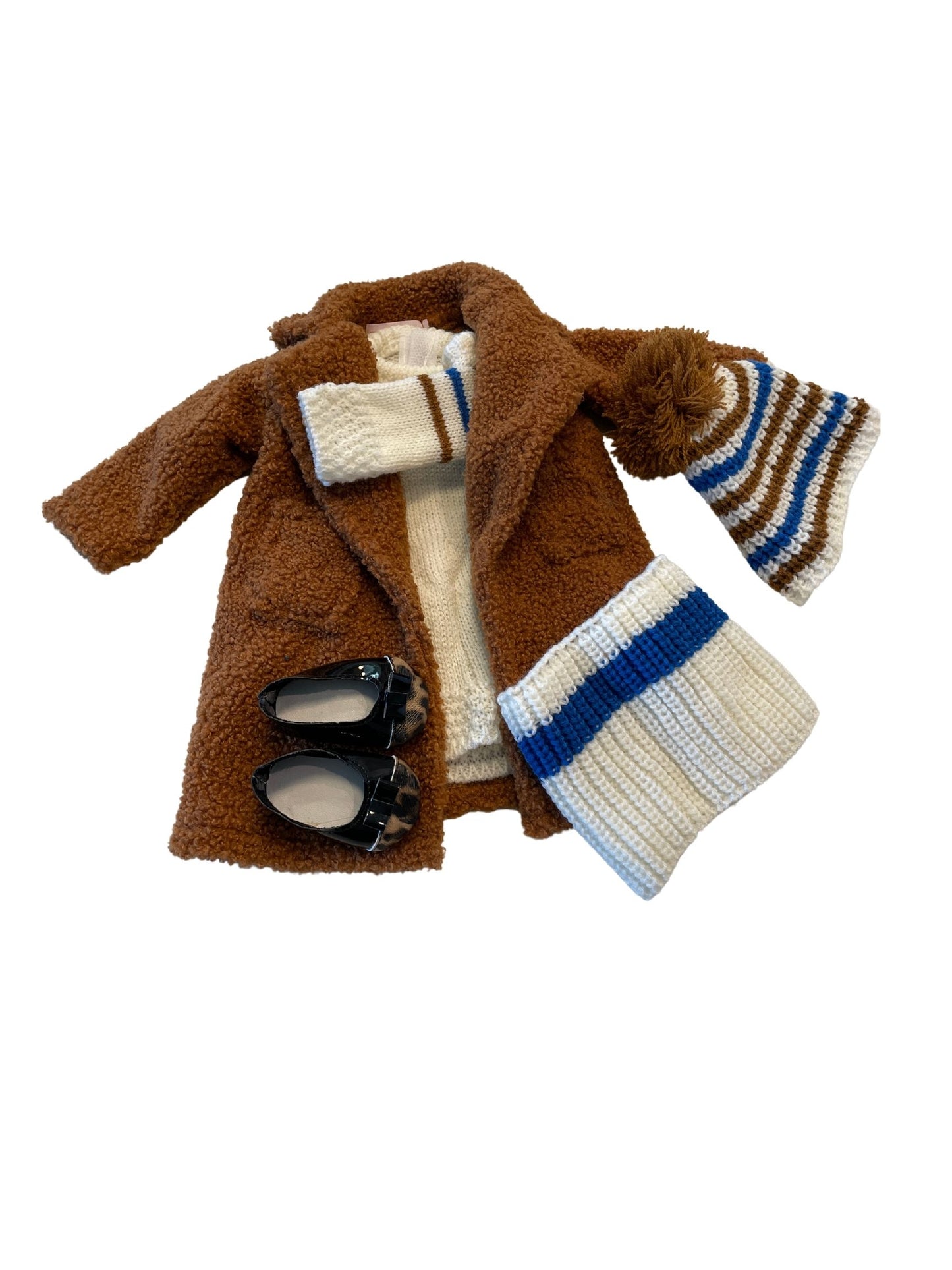Resilient Girl 5 Pieces - Knit Dress, w/Collar w/Hat, Faux Fur Coat and Slip on Shoes
