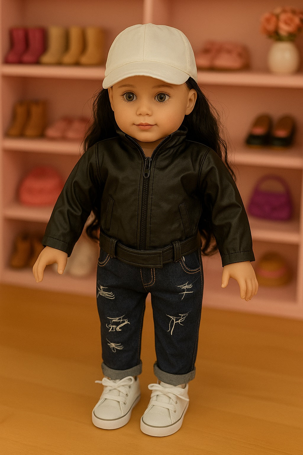 White Baseball Wig Cap w/Curly Hair, 2 Piece Jacket and Jeans, 1 Pair of Sneakers for 18inch Doll