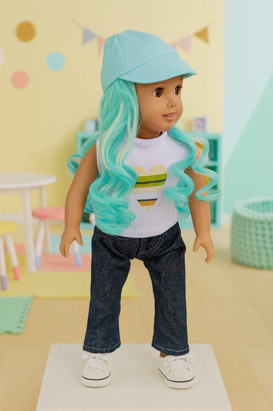Turquoise Cap w/Turq and White Hair fits 18in Doll