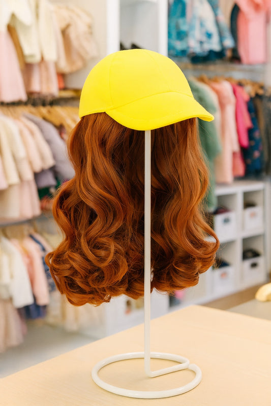 Yellow Faux Leather Jacket with Blue Jeans and 1 pair of sneakers and Yellow Baseball Wig Cap w/Curly Hair, fits 18 inch Doll
