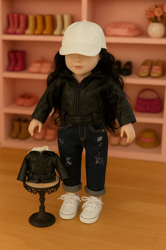 White Baseball Wig Cap w/Curly Hair, 2 Piece Jacket and Jeans, 1 Pair of Sneakers for 18inch Doll