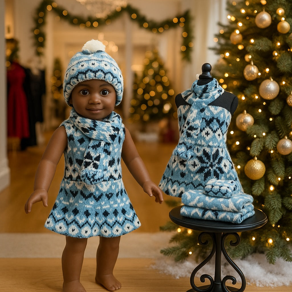 Blue/White Knit Snowflake Dress with hat to match, fits 18 inch Doll