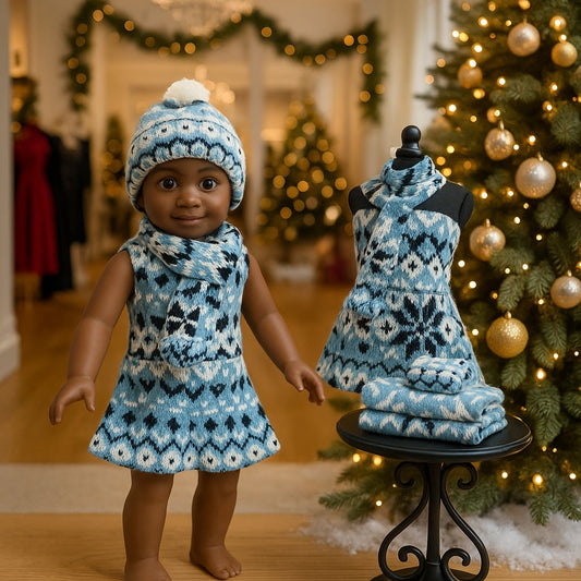 Blue/White Knit Snowflake Dress with hat to match, fits 18 inch Doll