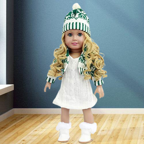 Winter Knit Outfit with Green Cardigan, Pom-Pom Hat & Boots – Fits 18-Inch Dolls