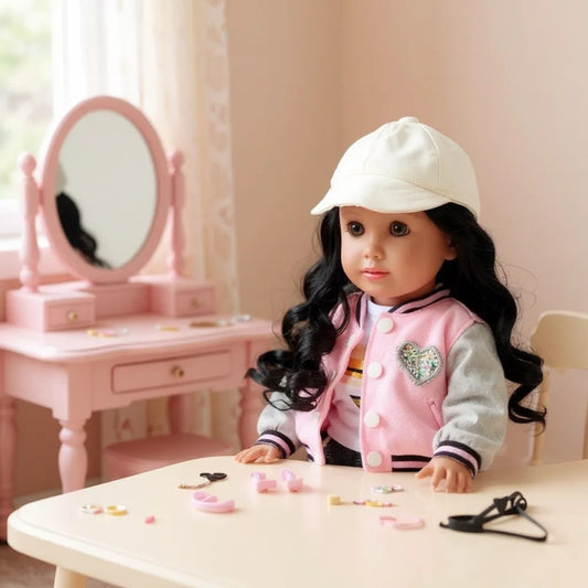 Resilient Girl: 3 Piece Outfit-1 Pink Baseball Jacket, 1 White Shirt, 1 Blue Jean, fits 18inch Doll. Sneakers Sold Separately (Doll not Included)