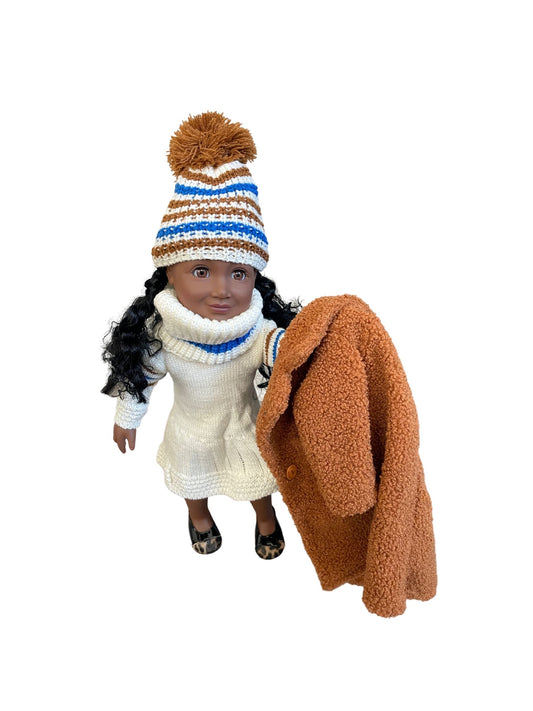 Resilient Girl 5 Pieces - Knit Dress, w/Collar w/Hat, Faux Fur Coat and Slip on Shoes