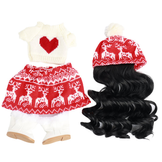 Red & White Knit 2-Piece Outfit, Hat with Hair Attached, Fits 18 Inch Doll