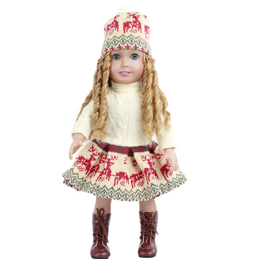 Knit Reindeer Dress with Hat Wig, fits 18inch Doll