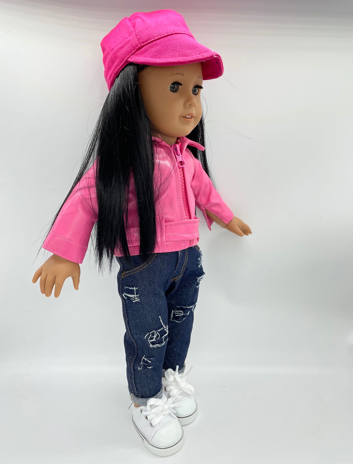 Pink Baseball Wig Cap with Pink Jacket/Belt and 1 Pair of Blue Jeans and 1 Pair of Sneakers, fits 18inch Doll