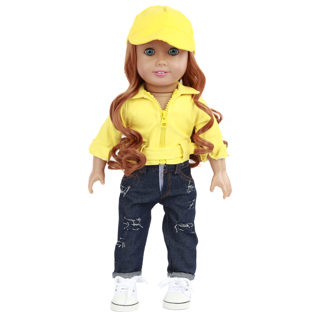 Yellow Faux Leather Jacket with Blue Jeans and 1 pair of sneakers and Yellow Baseball Wig Cap w/Curly Hair, fits 18 inch Doll