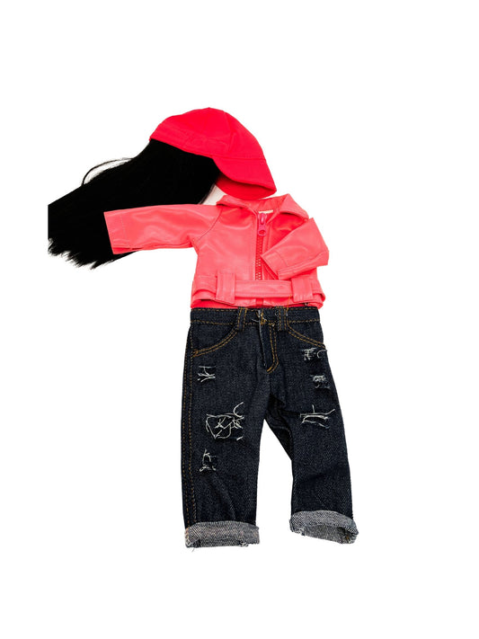 Pink Baseball Wig Cap with Pink Jacket/Belt and 1 Pair of Blue Jeans and 1 Pair of Sneakers, fits 18inch Doll