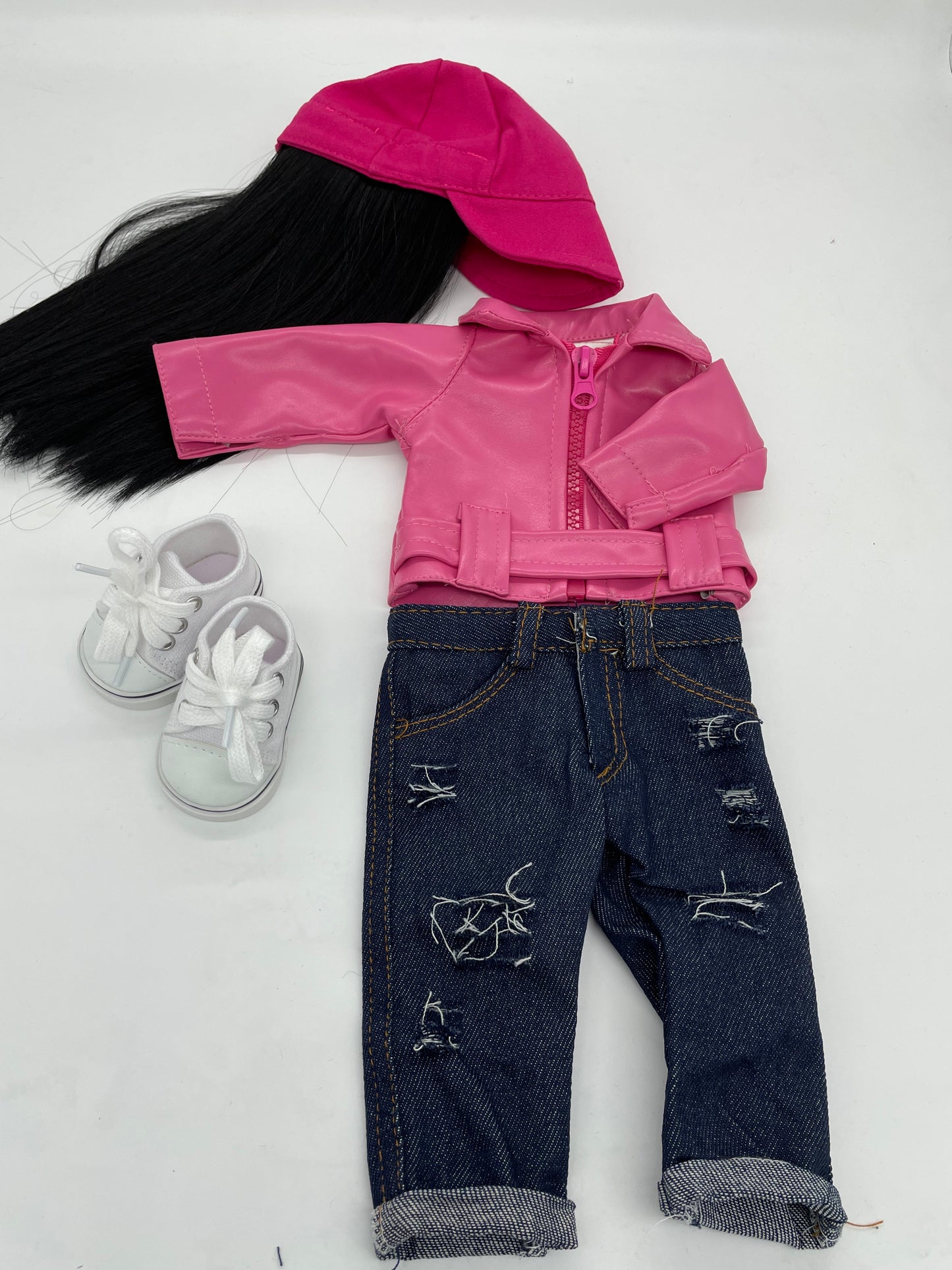 Pink Baseball Wig Cap with Pink Jacket/Belt and 1 Pair of Blue Jeans and 1 Pair of Sneakers, fits 18inch Doll