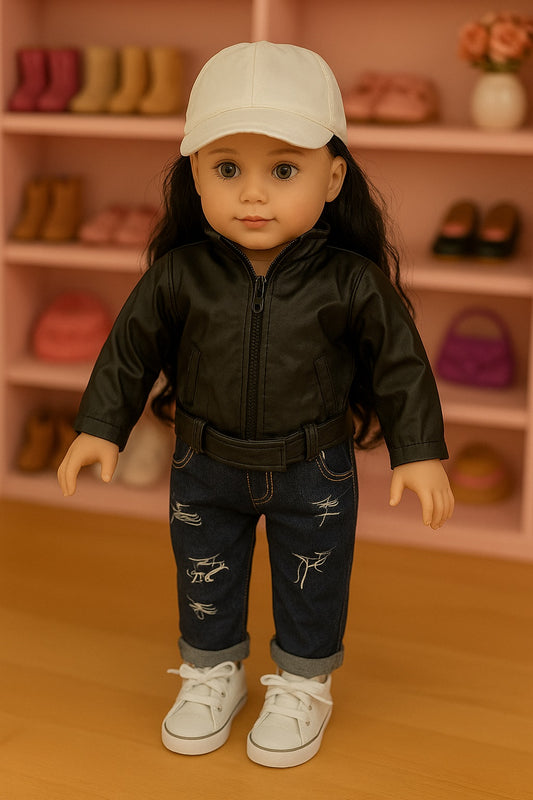 White Baseball Wig Cap w/Curly Hair, 2 Piece Jacket and Jeans, 1 Pair of Sneakers for 18inch Doll