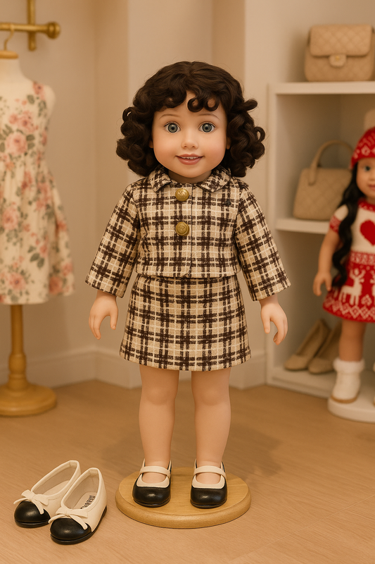 Brown/White Plaid Knit Suit Outfit 18inch Doll w/Satin Trimmed Ballet Shoes (Wig Not Included)