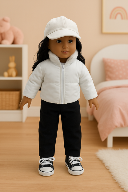 White Puffy Jacket w/Jeans, Black Straight Hair Wig Baseball Cap