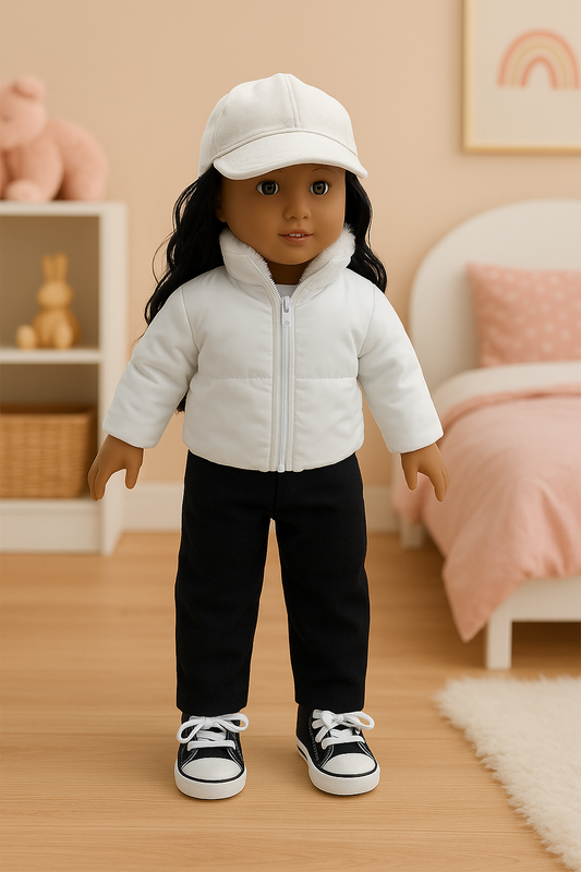 White Puffy Jacket w/Jeans, Black Straight Hair Wig Baseball Cap