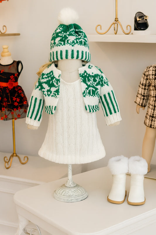 Winter Knit Outfit with Green Cardigan, Pom-Pom Hat & Boots – Fits 18-Inch Dolls