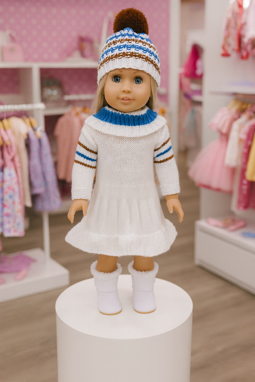 Resilient Girl 5 Pieces - Knit Dress,  w/Collar w/Hat, Faux Fur Coat and Slip on Shoes