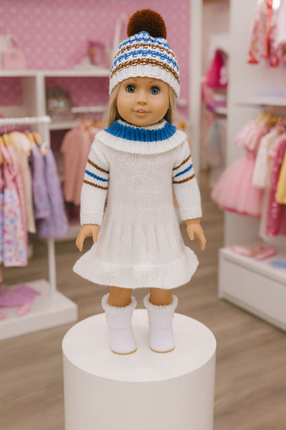 Resilient Girl 5 Pieces - Knit Dress,  w/Collar w/Hat, Faux Fur Coat and Slip on Shoes