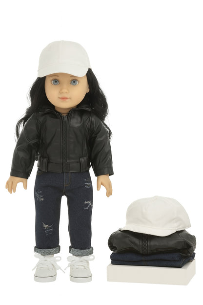 White Baseball Wig Cap w/Curly Hair, 2 Piece Jacket and Jeans, 1 Pair of Sneakers for 18inch Doll