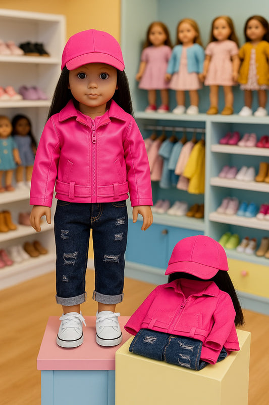 2 Piece Jacket and Jeans,  1 Wig Hat, 1 Pair of Sneakers for 18inch Doll
