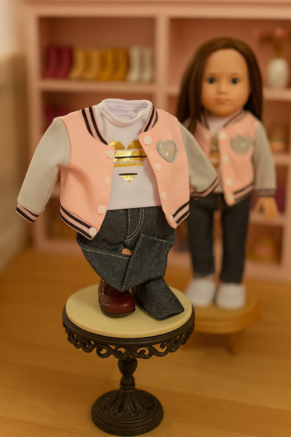 3 Piece Outfit-1 Pink Baseball Jacket, fits 18inch Doll