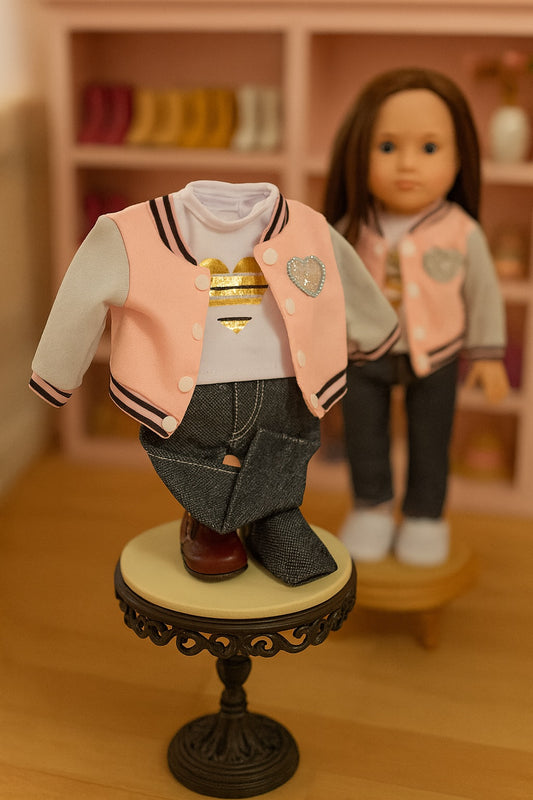 3 Piece Outfit-1 Pink Baseball Jacket, fits 18inch Doll