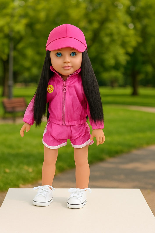2 Piece Jacket and Jeans,  1 Wig Hat, 1 Pair of Sneakers for 18inch Doll