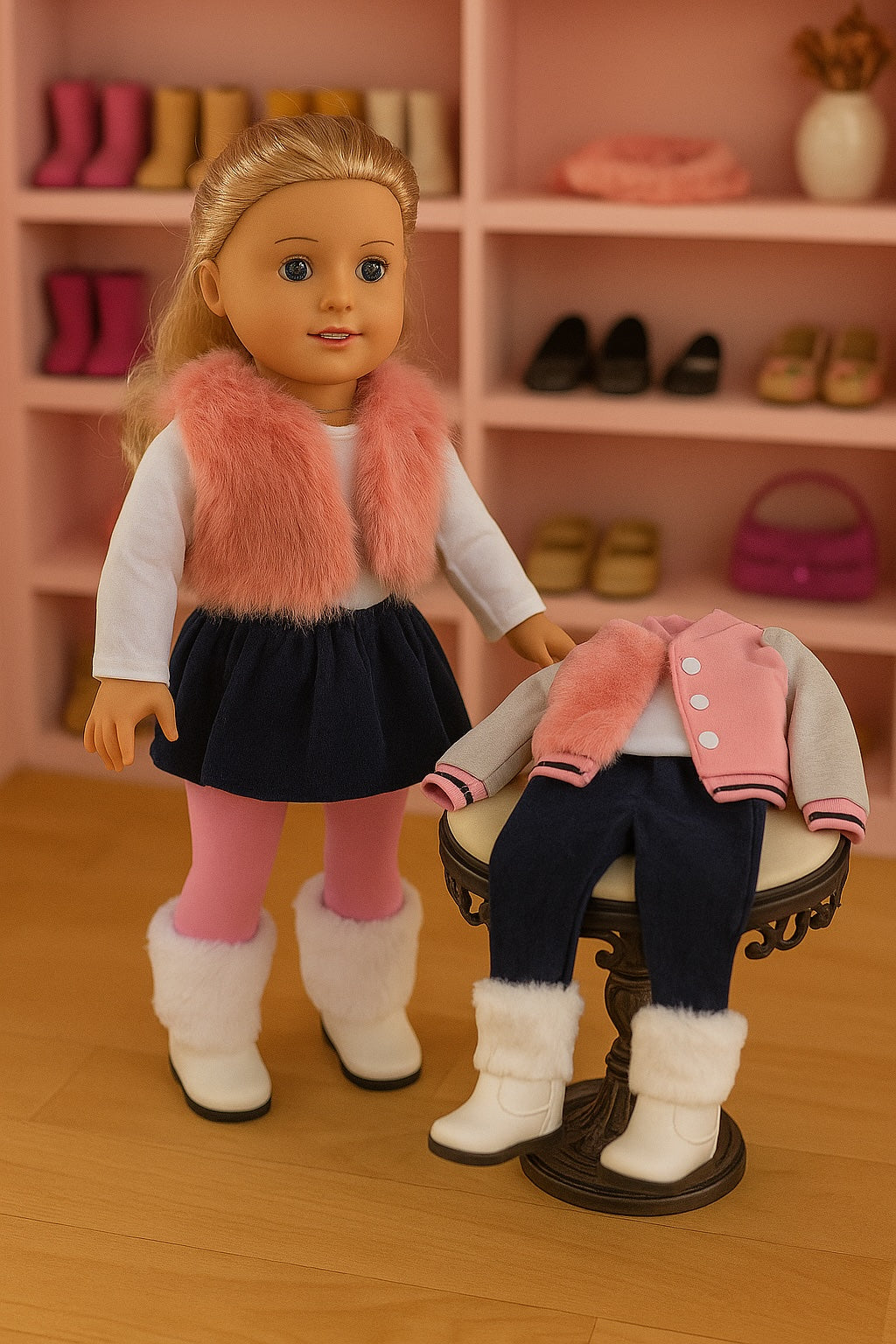 Pink Faux Fur Vest with White Shirt and Denim Skirt