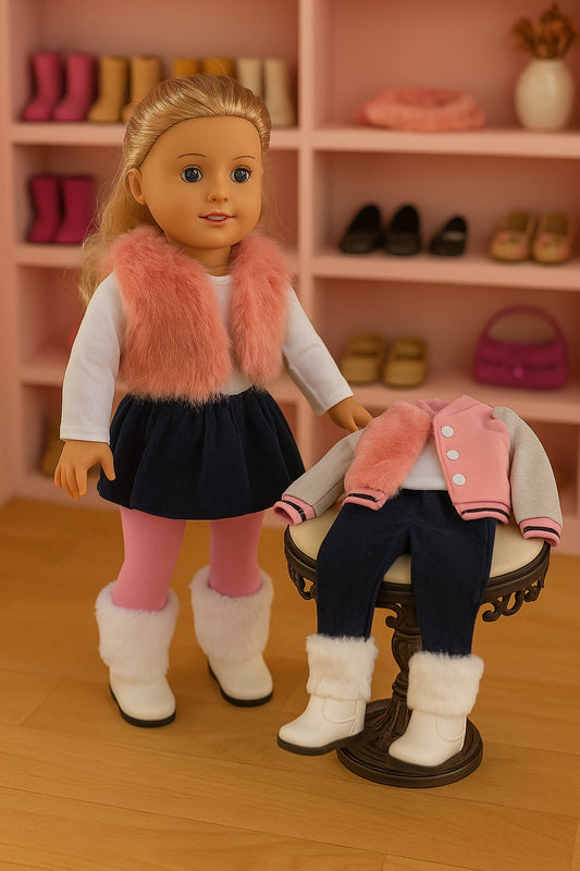 Pink Faux Fur Vest with White Shirt and Denim Skirt
