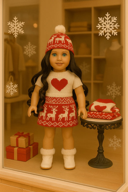 Red & White Knit 2-Piece Outfit, Hat with Hair Attached, Fits 18 Inch Doll