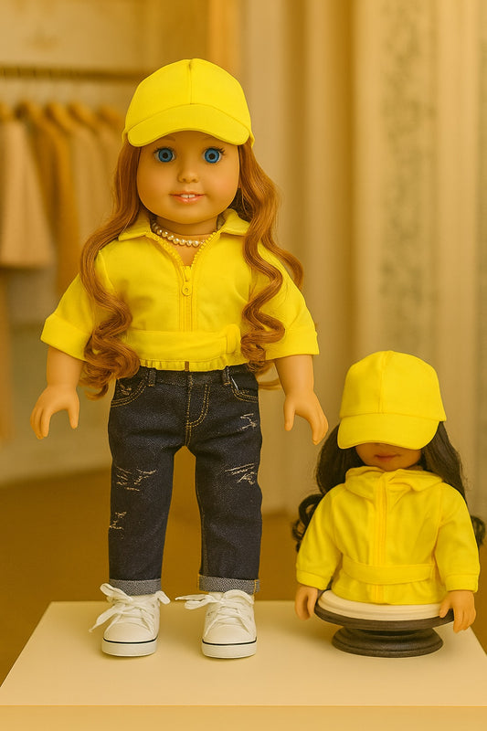 Yellow Faux Leather Jacket with Blue Jeans and 1 pair of sneakers and Yellow Baseball Wig Cap w/Curly Hair, fits 18 inch Doll