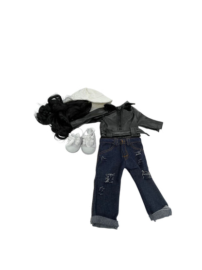 Black Faux Leather Jacket with Belt and 1 pair of Blue Jeans, 1 pair of Sneakers and White Baseball Wig Cap w/Curly Hair