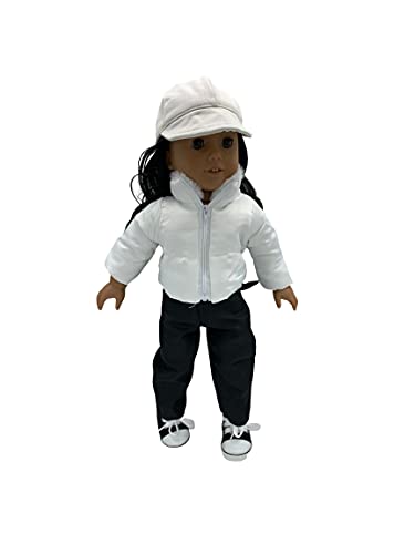White Puffy Jacket w/Jeans, Baseball Cap w/Wig Attached, fits 18 inch Doll
