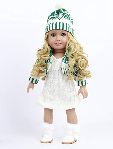 Winter Knit Outfit with Green Cardigan, Pom-Pom Hat & Boots – Fits 18-Inch Dolls