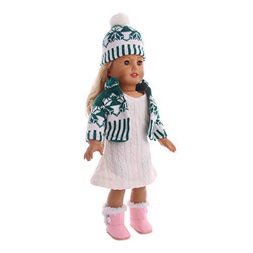 Winter Knit Outfit with Green Cardigan, Pom-Pom Hat & Boots – Fits 18-Inch Dolls