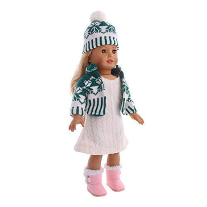 Winter Knit Outfit with Green Cardigan, Pom-Pom Hat & Boots – Fits 18-Inch Dolls