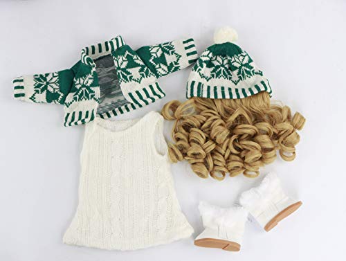 Winter Knit Outfit with Green Cardigan, Pom-Pom Hat & Boots – Fits 18-Inch Dolls