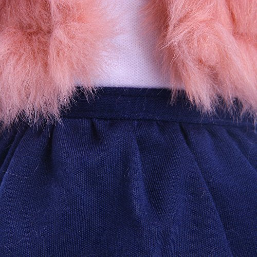 Pink Faux Fur Vest with White Shirt and Denim Skirt