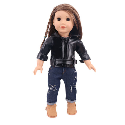 Black Faux Leather Jacket with Belt and 1 pair of Blue Jeans, 1 pair of Sneakers and White Baseball Wig Cap w/Curly Hair