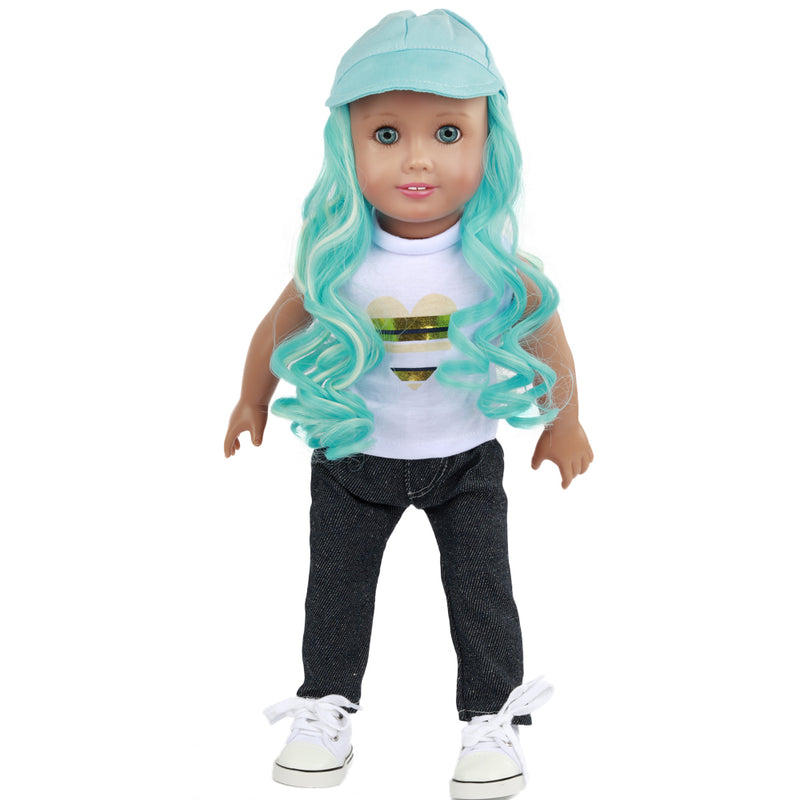 Turquoise Cap w/Turq and White Hair fits 18in Doll