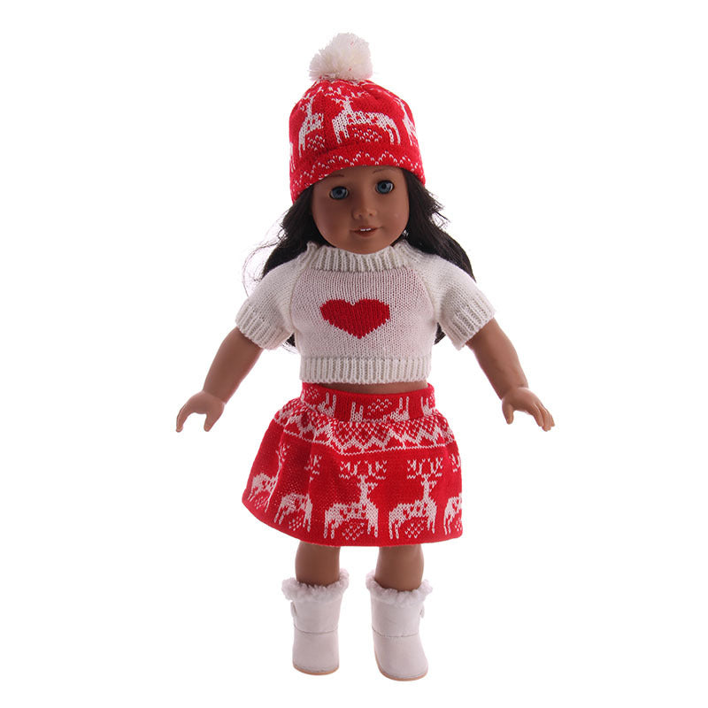 Red & White Knit 2-Piece Outfit, Hat with Hair Attached, Fits 18 Inch Doll
