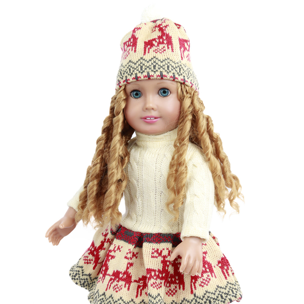 Knit Reindeer Dress with Hat Wig, fits 18inch Doll