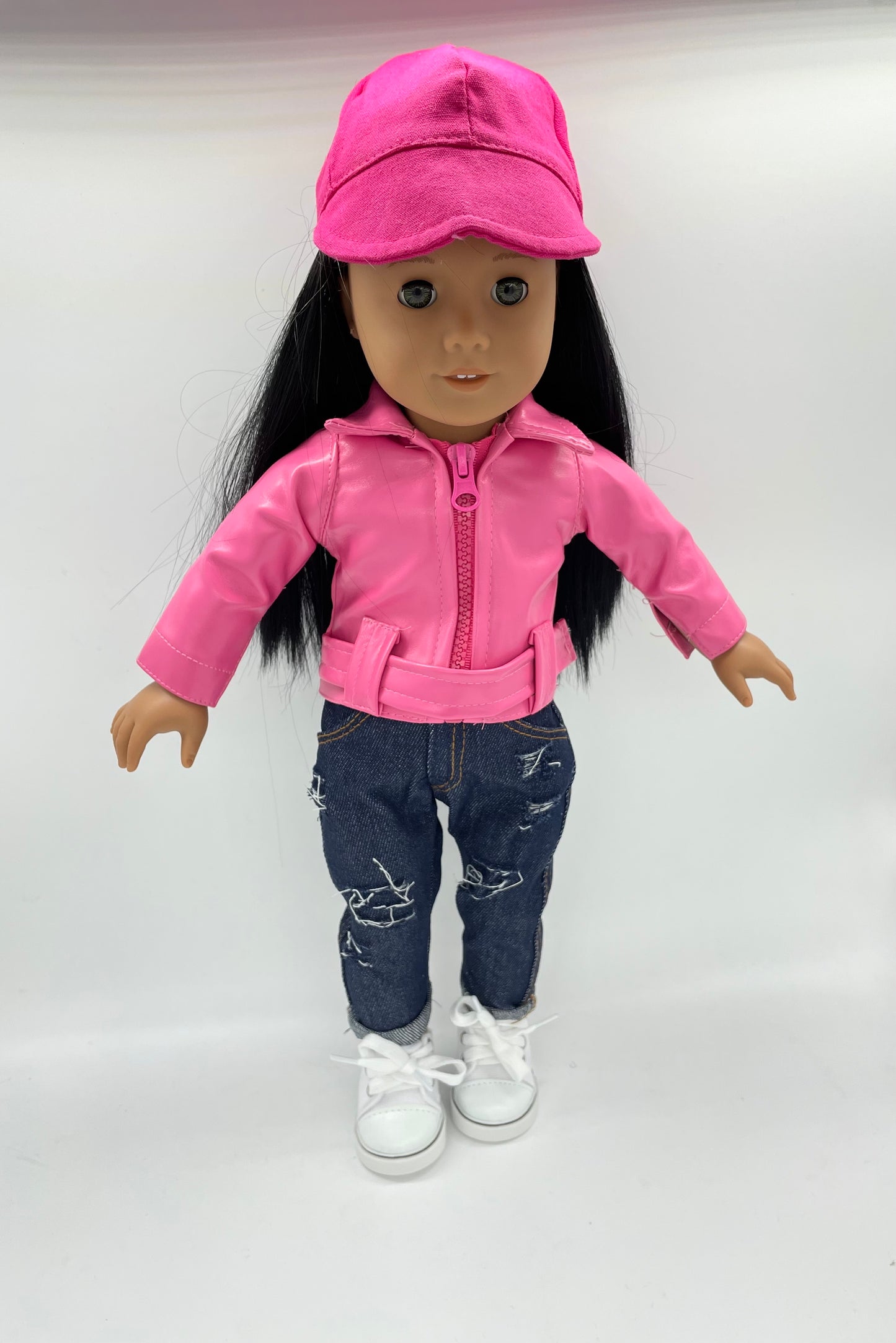 Pink Baseball Wig Cap with Pink Jacket/Belt and 1 Pair of Blue Jeans and 1 Pair of Sneakers, fits 18inch Doll