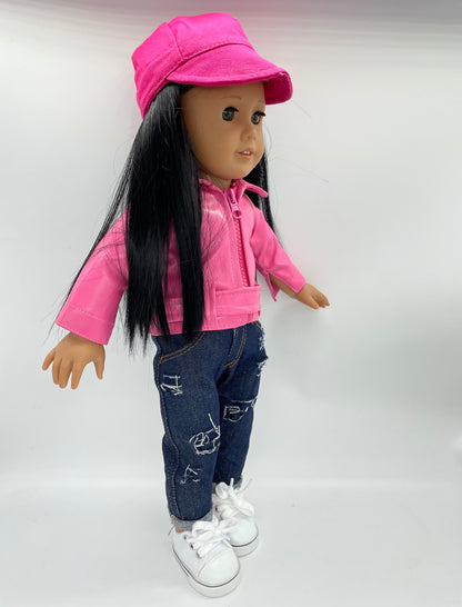 Pink Baseball Wig Cap with Pink Jacket/Belt and 1 Pair of Blue Jeans and 1 Pair of Sneakers, fits 18inch Doll