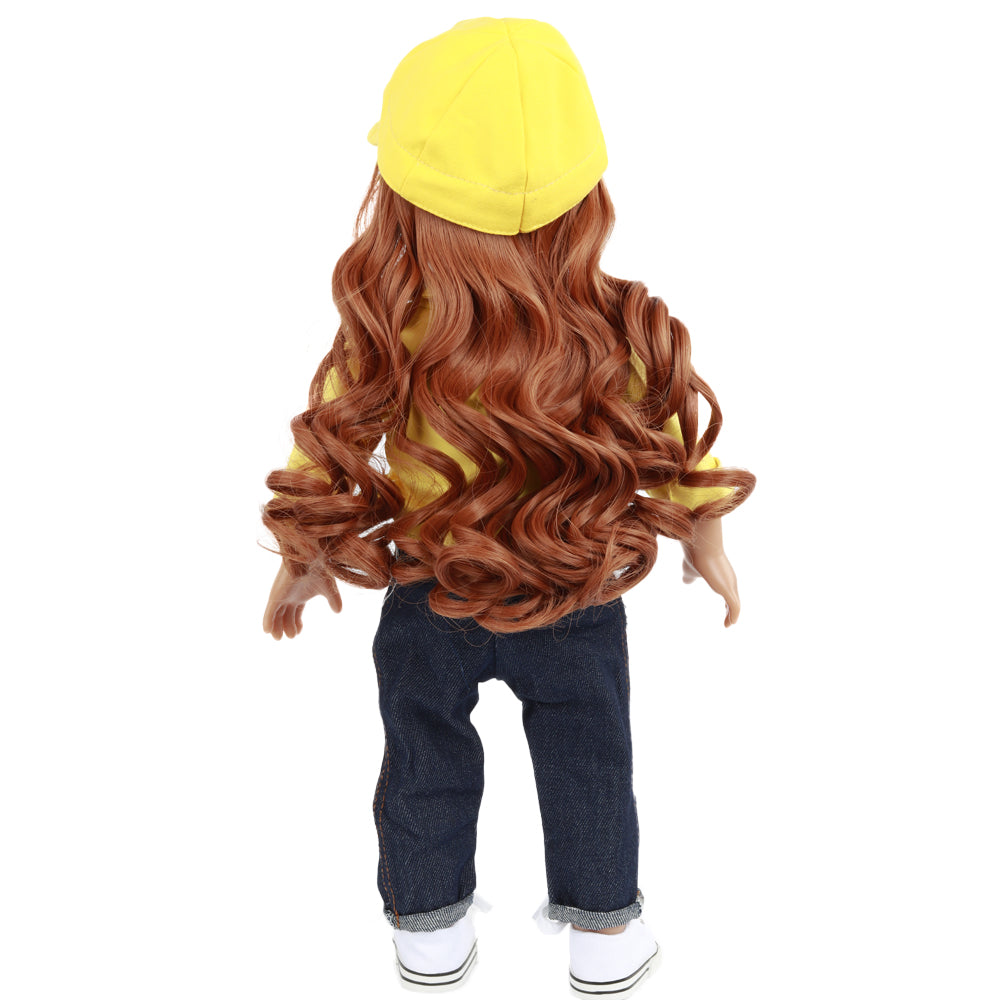 Yellow Faux Leather Jacket with Blue Jeans and 1 pair of sneakers and Yellow Baseball Wig Cap w/Curly Hair, fits 18 inch Doll