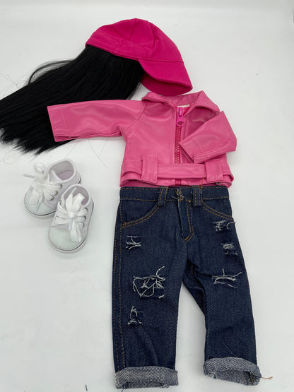 Pink Baseball Wig Cap with Pink Jacket/Belt and 1 Pair of Blue Jeans and 1 Pair of Sneakers, fits 18inch Doll